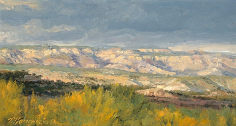 A scenic landscape featuring rolling hills and lush vegetation under a cloudy sky. Fine art, Landscape art, Travis Humphreys