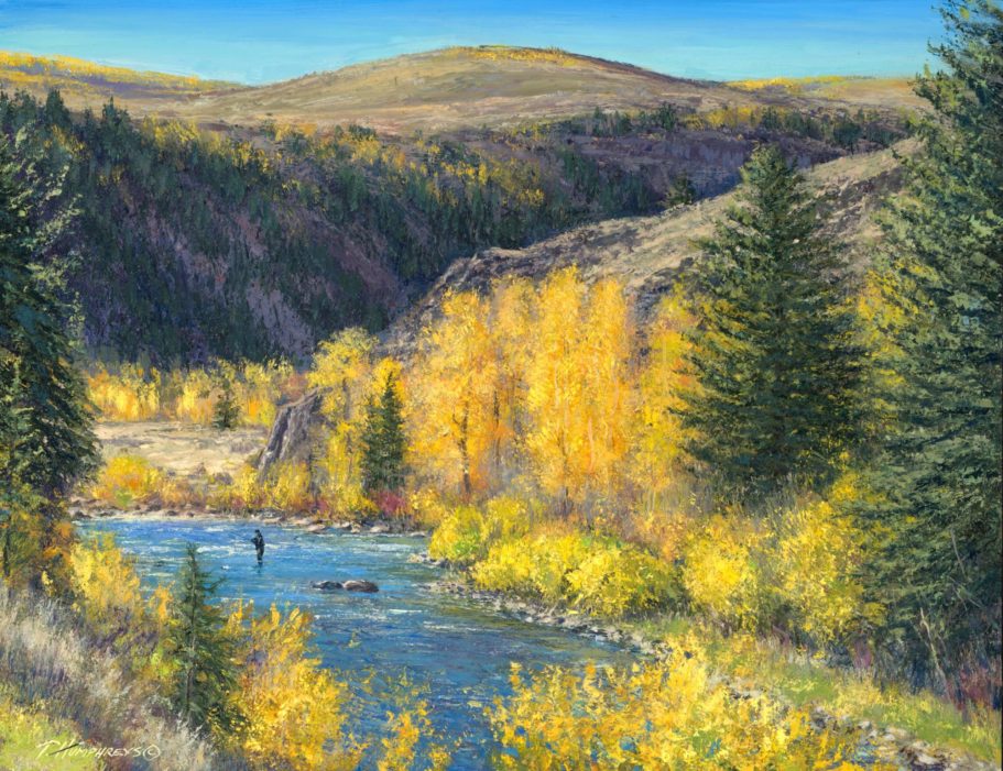 Blue Ribbon Heaven Autumn landscape with a river, yellow trees, and mountains under a clear blue sky.