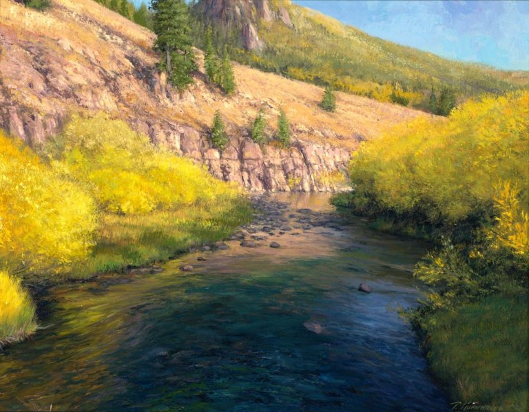 Tranquil river scene surrounded by vibrant autumn foliage and rolling hills. Fine art, Travis Humphreys, Landscape Art