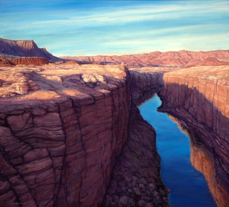 A scenic view of a canyon with a winding river and colorful rock formations. Fine art, Gold River gallery, Landscapes, Colorado River