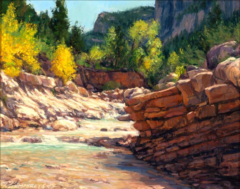 Scenic riverbed surrounded by colorful trees and rocky cliffs in a mountainous landscape. Landscape painting, Fine art, Travis Humphreys