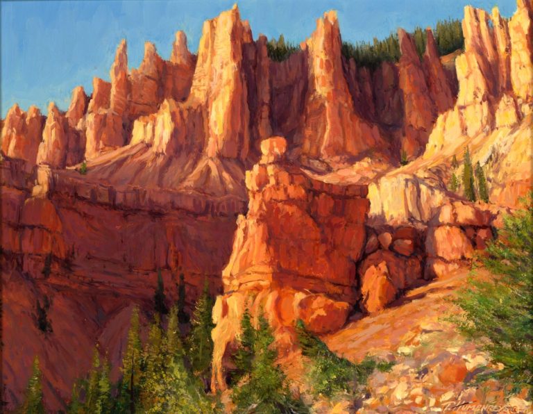 Colorful rock formations rise against a clear blue sky. Landscape art, Cedar Breaks, Travis Humphreys art, Fine art, Southern Utah