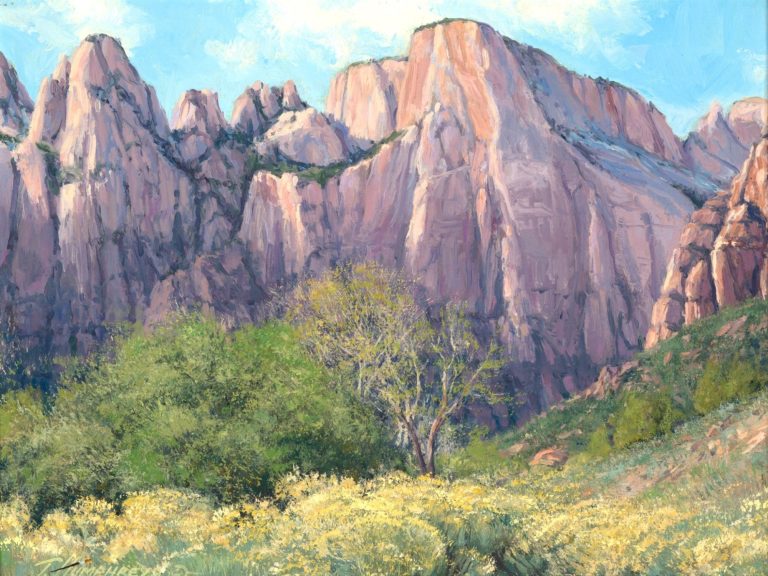 Colorful mountain landscape with cliffs, greenery, and blooming wildflowers. Landscape paintings, Travis Humphreys, Art for collecting