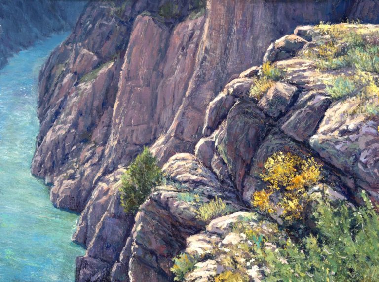 Scenic riverbed surrounded by colorful trees and rocky cliffs in a mountainous landscape. Landscape painting, Fine art, Travis Humphreys
