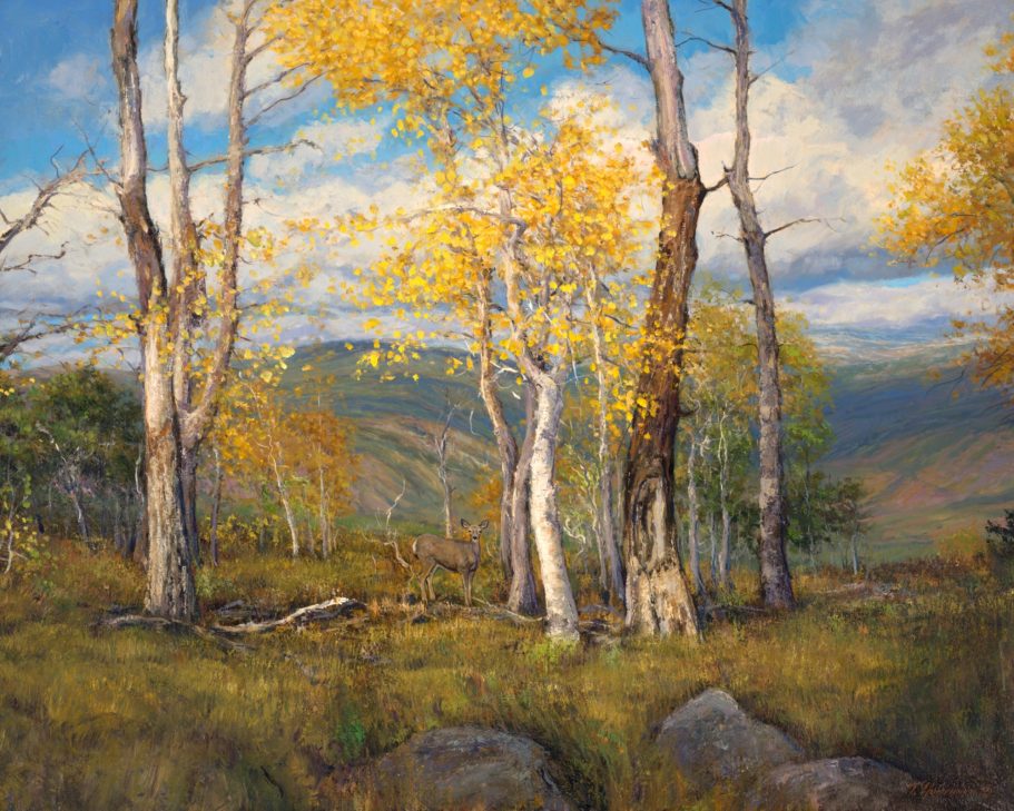 Autumn landscape with aspen trees, yellow leaves, and rolling hills under a blue sky.