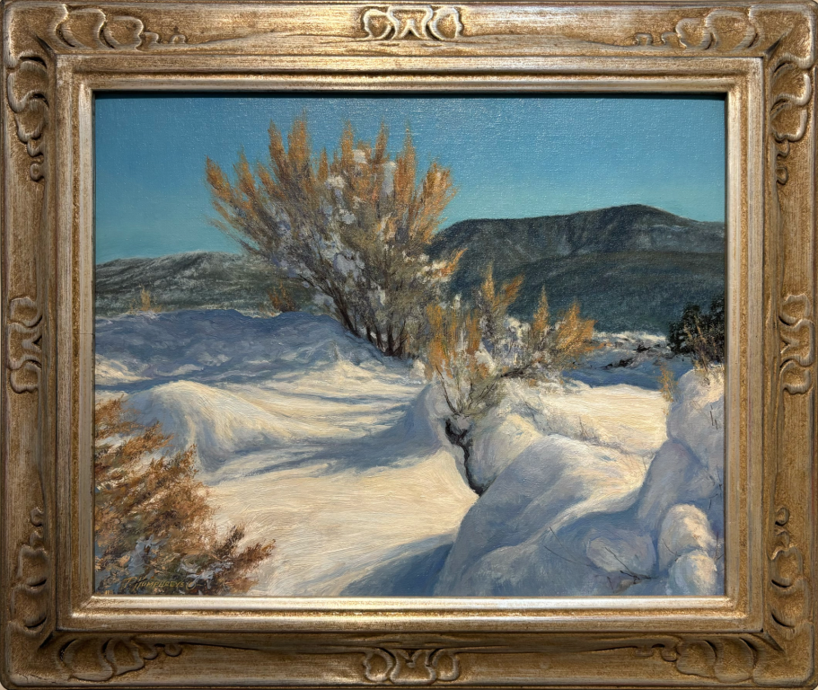 Winter Sage Snow-covered landscape with trees and distant mountains, framed in ornate gold.