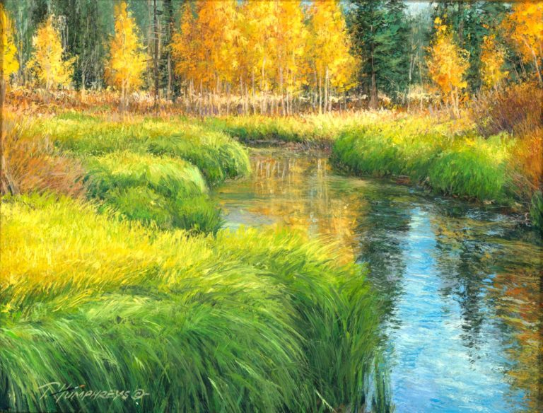 A serene landscape featuring a stream surrounded by lush greenery and vibrant autumn trees. Travis Humphreys, Art, Fine art, Landscape art